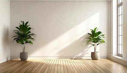 Fototapeta na wymiar interior of modern living room with empty walls wooden floor plants and sunlight 3d mockup 