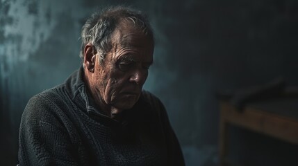An old man in a dark room acing mental illness, alzheimer, dementia, depression, grief