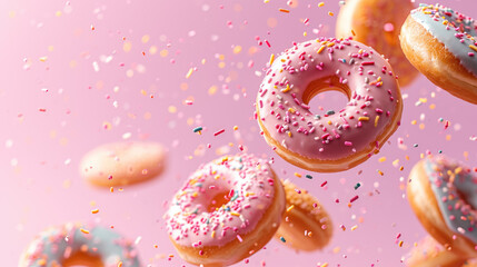 Colorfully decorated donuts fall in motion on a pink background with sprinkling. Sweet and various doughnuts fly on a pastel backdrop. Panorama banner