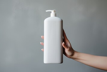 Mockup of female hands holding a white empty cosmetic liquid bottle, suitable for soap, lotion, shampoo, or shower gel. The mockup is isolated for product presentation purposes.