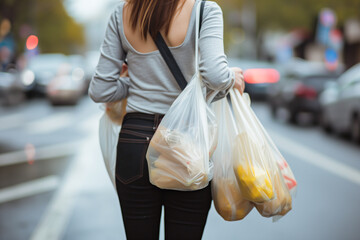 Back of a woman full of groceries, shopping bags on her arms while standing on the urban road in the city