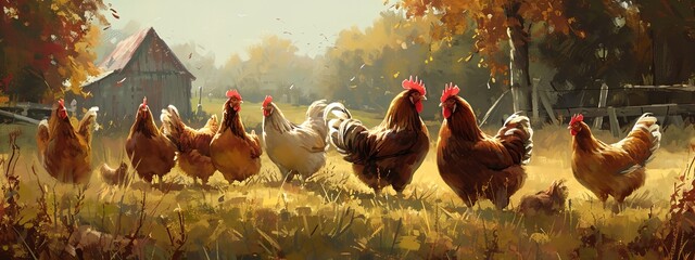 a group of chickens standing next to each other - obrazy, fototapety, plakaty