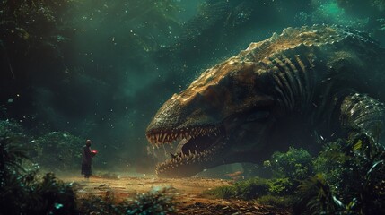 a man standing next to a giant dinosaur in a forest - obrazy, fototapety, plakaty