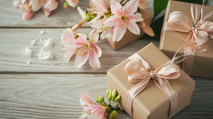 Fototapeta na wymiar wrapped gifts with flowers on a wooden background