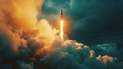 Rocket Piercing Through Clouds during Ascent