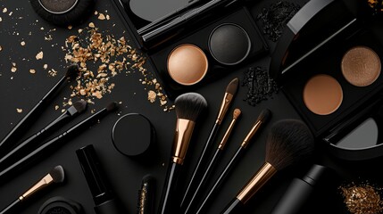 a collection of makeup brushes and powders - obrazy, fototapety, plakaty