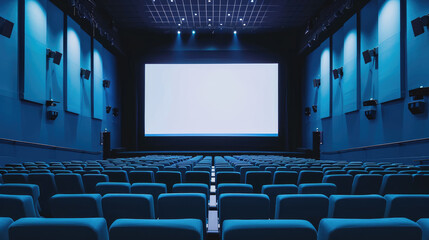 Empty of cinema in blue color with a white blank screen. Mockup of hall, no people, and auditorium 