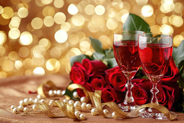 Glamorous Romantic Background Romance with Red Wine, Red Roses, Pearls, and Shimmering Bokeh. Perfect Valentines Wedding Romantic Background for Cards, Banners, Wallpapers