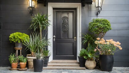 Fototapeta na wymiar Black front door, front door of a house adorned potted plants. Front door, black front door
