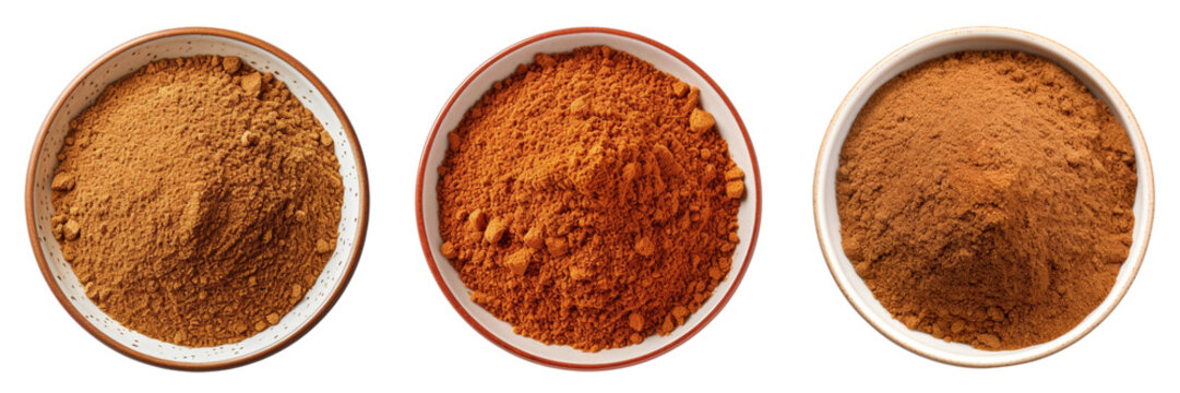 Set of garam masala powder on a white bowl top view isolated on a transparent background