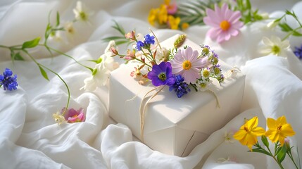 White gift box with with wildflowers on the bed. gift for Mother's day, Birthday, Valentine day