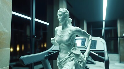 Fototapeta na wymiar Aphrodite statue workout in gym, running on a treadmill, concept of healthy lifestyle