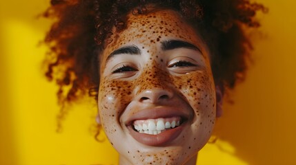 Portrait of a smiling young woman with vitiligo skin over bright orange background looking at camera close up