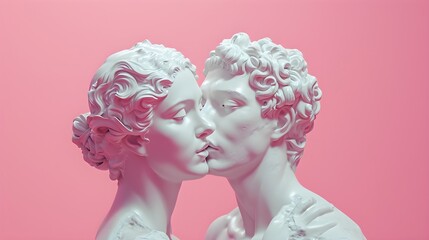Male and female statues kissing, pink background