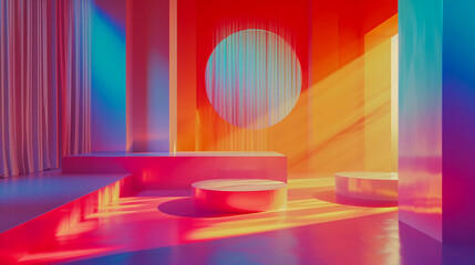 A room with neon rainbow light entering, Generative AI