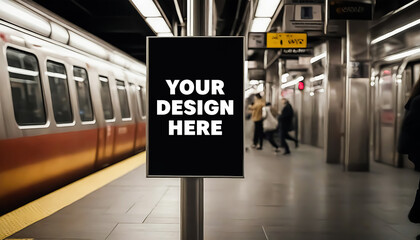 Media poster mock-up template. NYC Train Subway Station displays advertisements with a running train in the background. Illustration of a realistic 3D render - Generative AI