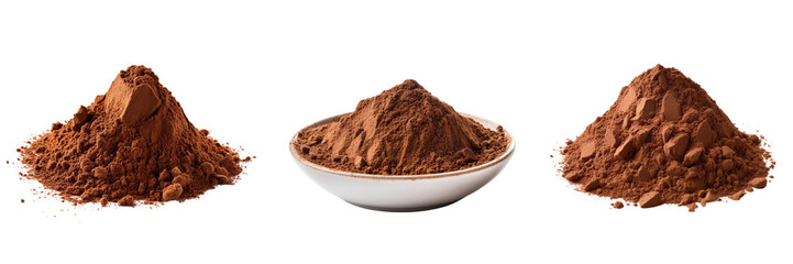 Set of cocoa chocolate powder isolated on a transparent background