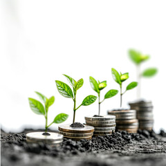 Fototapeta na wymiar business financial planning concept. row of coins stack with green plant growth up on white background, ai technology