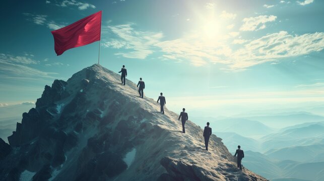 山頂の旗を目指して山を登るサラリーマン、成功のために競い合う社会人のイメージ
