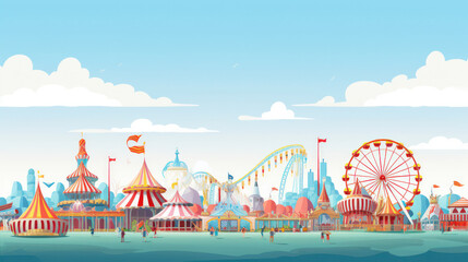 Joyful Festival of Fantasy: A Whimsical Carnival Carousel in the Amusement Park, with Colorful Balloons, a Big Top Tent, and a Vibrant Cityscape Background - obrazy, fototapety, plakaty
