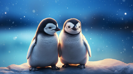 Penguin couple on snow in winter.
