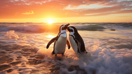 Two penguins on the beach at sunset. - obrazy, fototapety, plakaty