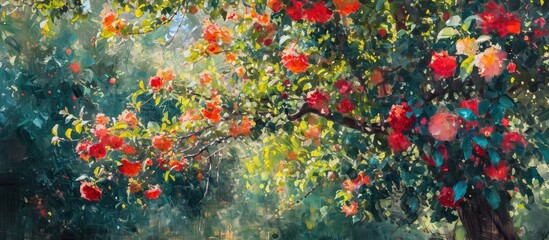 A vibrant pomegranate bush in the park, adorned with blooming flowers in vivid colors, bathed in...