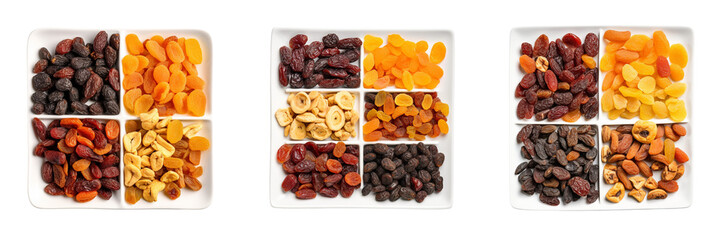 Obraz premium Set of dried fruits on a square plate top view isolated on a transparent background