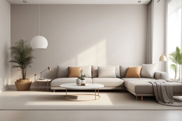 Interior home design of modern living room with gray sofa and round table with blank beige stucco wall mockup