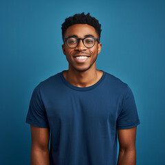 African american man waring blue t-shirt and glasses isolated on blue background