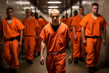 Angry prisoners in orange uniforms walking through the prison - obrazy, fototapety, plakaty