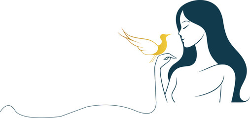 Beautiful Woman with a bird Line Art Vector Illustration, Minimalist International Women's Day 8 March vector