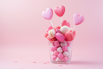 Valentine's Day pastries and sweets, lollipops and macaroons