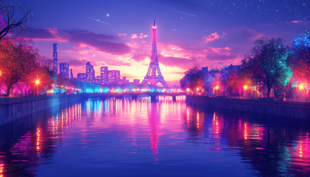 3D cartoon design image of a Landscape of Paris city with colorful lights