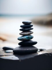 Zen stones in balance on the seashore, symbolizing the calm and harmony of nature.