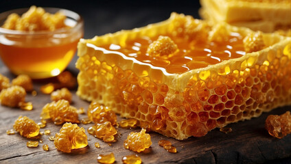 Fresh honeycomb, honeycomb and honey, naturally sweet, real natural honey, real natural honey product Healthy, healthy choices, health products, delicious honeycomb on wooden table,High quality photo,
