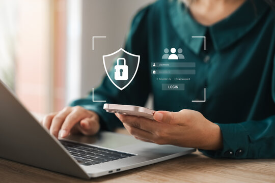 Cybersecurity and privacy concepts to protect data. Lock icon and internet network security technology. Businesswomen protecting personal data on smartphone virtual interfaces.