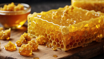 Fresh honeycomb, honeycomb and honey, naturally sweet, real natural honey, real natural honey product Healthy, healthy choices, health products, delicious honeycomb on wooden table,High quality photo,