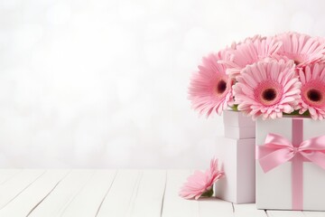 Gerbera or Transvaal daisy flower bouquet and gift boxes on minimal white background copy space left. Romantic Valentines day, birthday, Mother's day festive banner.