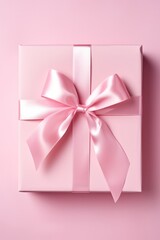 pink gift box with ribbon on minimal vertical background. Birthday, Valentines Day, Mother's Day celebration banner.