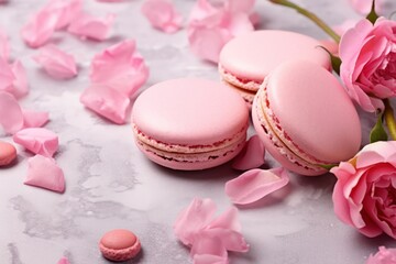 pink macaroons cookies with flowers and petals romantic background with copy space. Valentines day,...