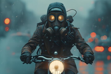 Man on a motorcycle wears gas mask in a smoke-filled city. It conveys health and environmental concerns in society that has problems with air pollution where toxic released from industrial activities.