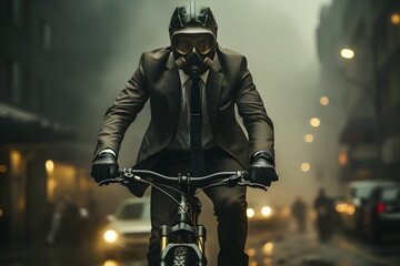 Fototapeta na wymiar Man on a bicycle wears a gas mask in a smoke-filled city. It conveys health and environmental concerns in society that has problems with air pollution where toxic released from industrial activities.