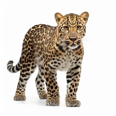 Amur leopard isolated on white background,  Panthera pardus, walking against white background
