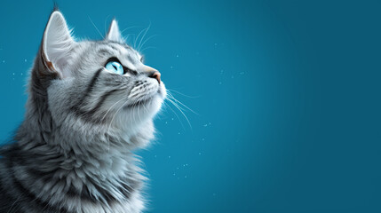 Cat looking up on a blue background banner