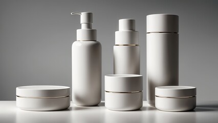 a collection of white cosmetic containers of varying sizes, arranged on a white surface with a gray background.