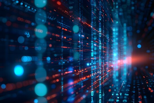 A dynamic visual of binary code streaming through a digital tunnel