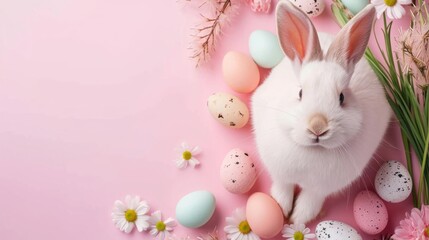 Obraz premium Happy Easter Bunny with many colorful easter eggs. Easter background with copy space.