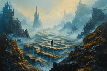 Cursed labyrinthine mists, challenging brave souls to find their way through the haze - Generative AI