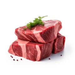 Raw beef piece isolated on white background, Large piece of buffalo meat filet closeup